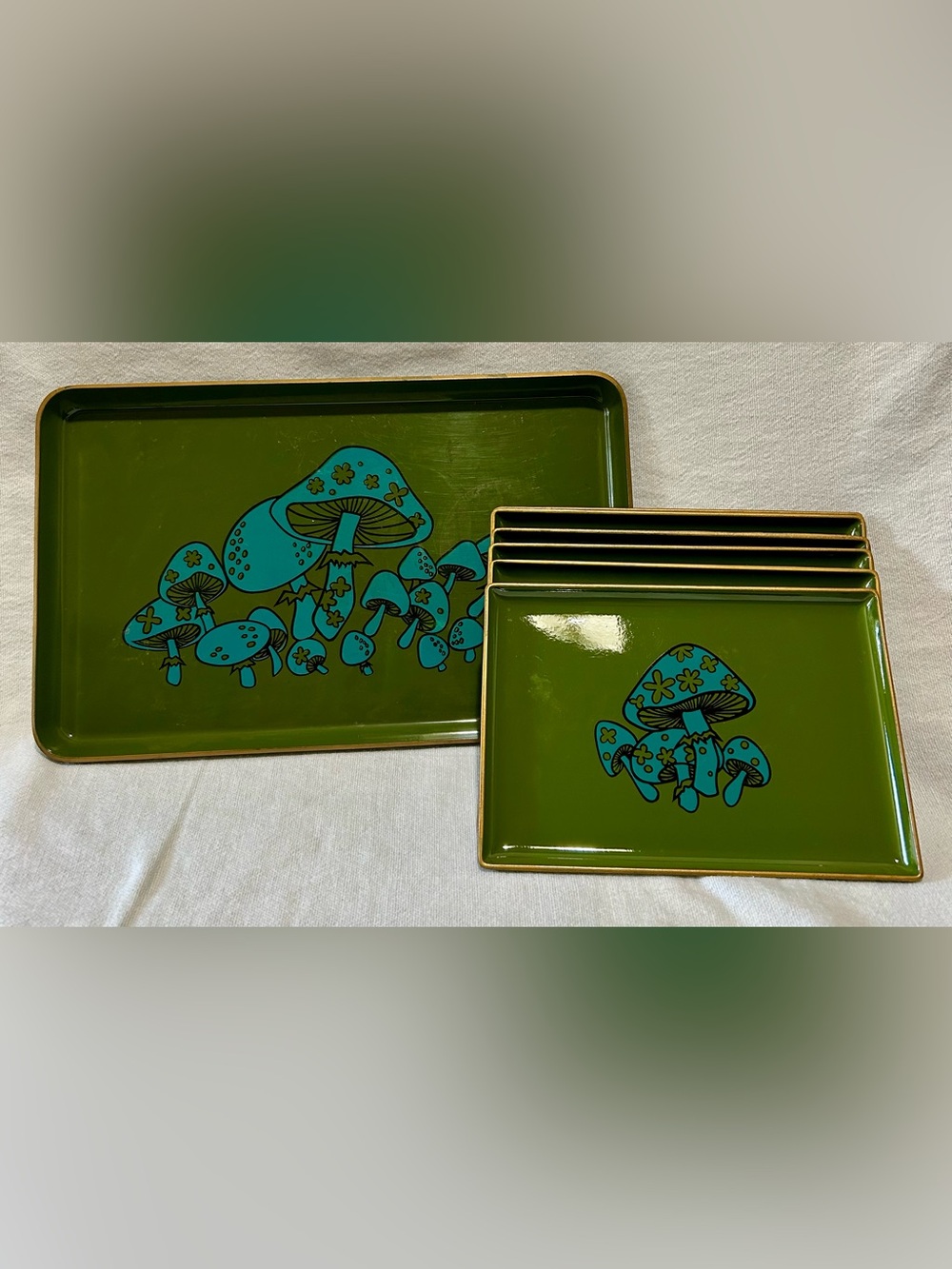 Vintage Takahashi Mushroom Tray Set 6pc Avocado Green Turquoise 70s Japan MCM